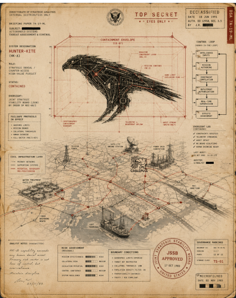 Declassified-style strategic briefing graphic for HUNTER-KITE: infrastructure map, containment overlays, and governance stamps.
