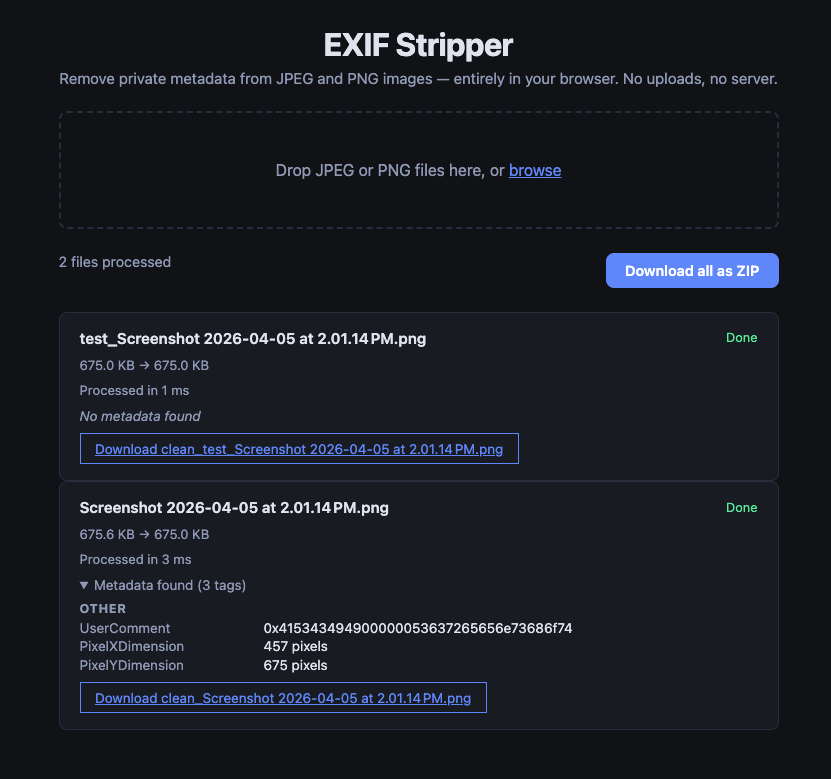 Screenshot: EXIF Stripper UI — drop zone, processed files, download clean images.