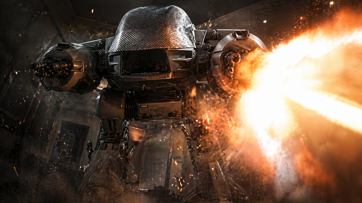 Fan art: ED-209 firing in a dark industrial interior, low angle, muzzle flash.