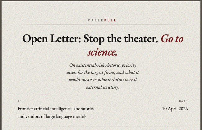 Open letter preview: Stop the theater. Go to science. — cablepull letterhead graphic.