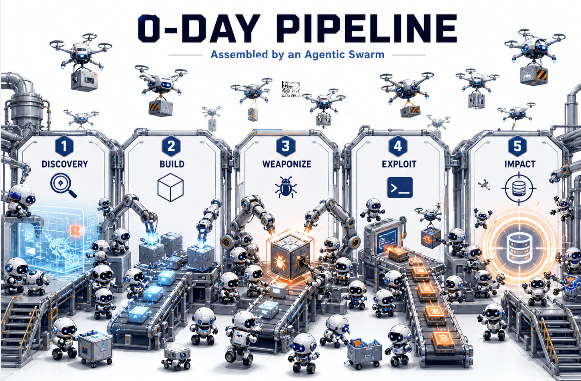 Preview: O-Day Pipeline assembled by an agentic swarm, showing five exploit pipeline stages.