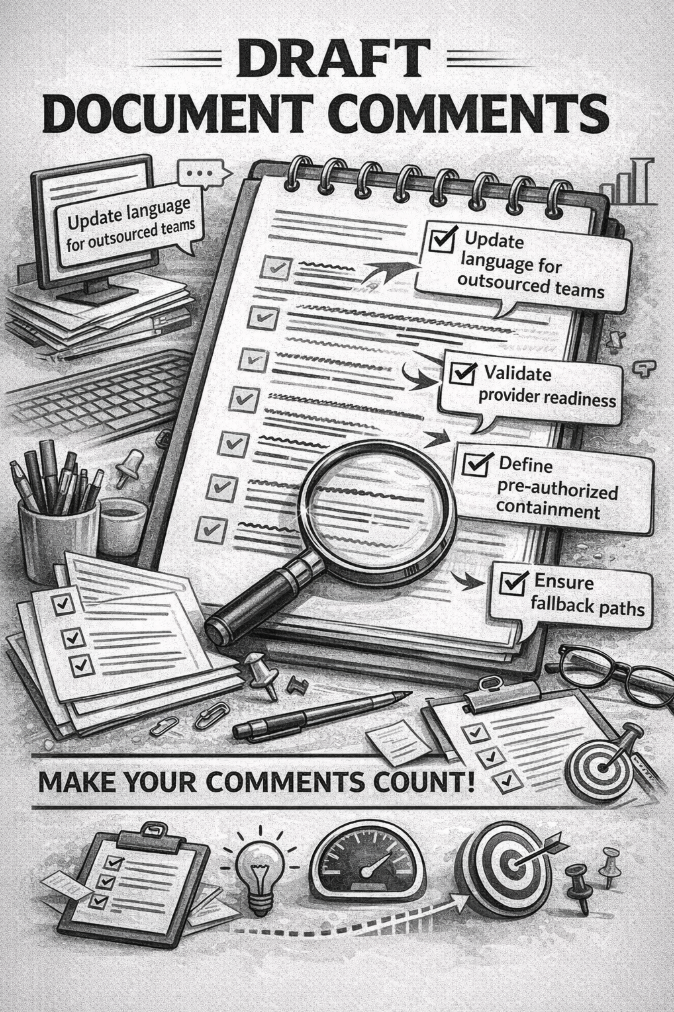 Illustration: draft document comments, magnifying glass, checklist—make your comments count.